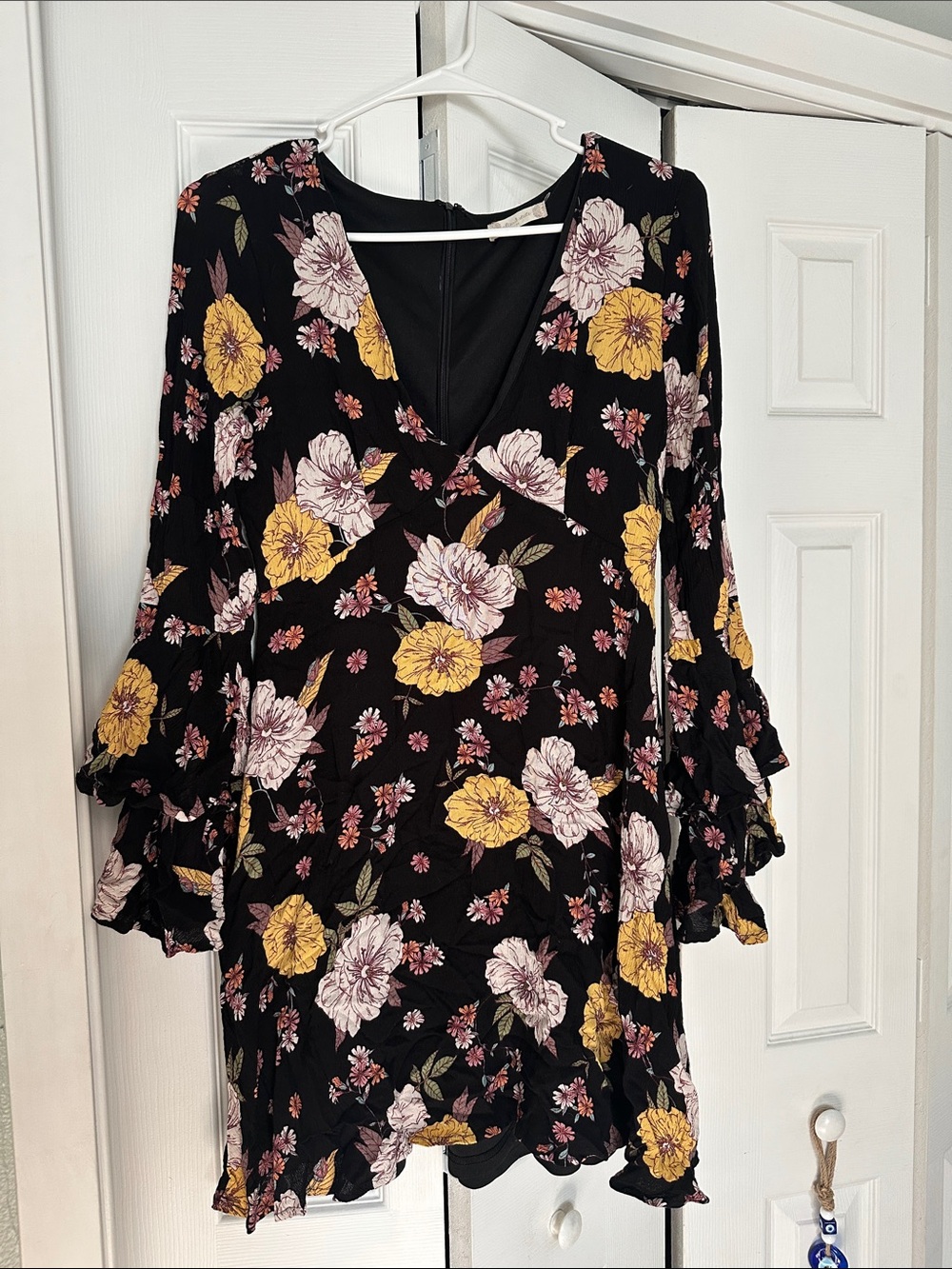 Floral V-Neck Ruffle Sleeve Dress - Black with Yellow & Pink Flowers